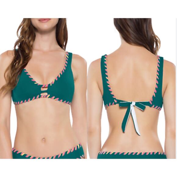 Becca Bikini Top Womens Sz XL Green Reversible Boho Sporty Whipstitch Trim NWOT - Picture 1 of 4